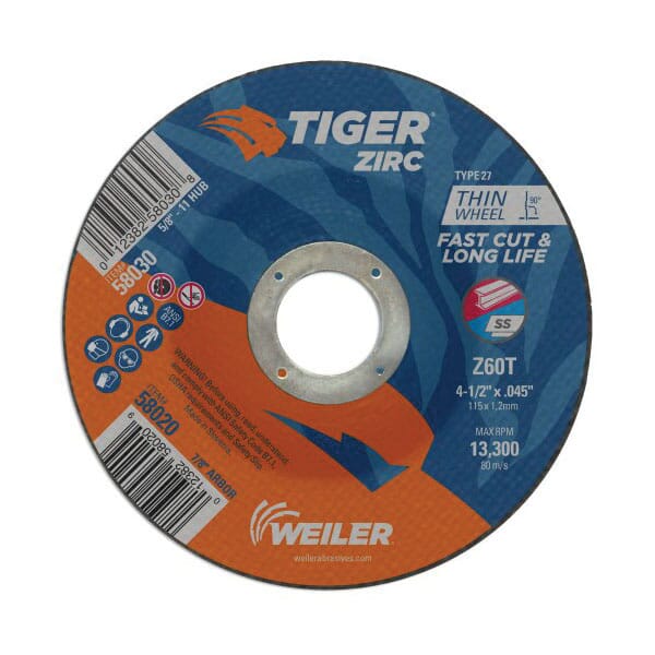 Tiger® 58020 Fast Cut and Long Life Performance Line Thin Depressed Center Cutting Wheel, 4-1/2 in Dia x 0.045 in THK, 7/8 in Center Hole, 60 Grit, Zirconia Alumina Abrasive